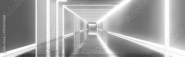 Fototapeta Aetherial Hallway: A minimalist corridor bathed in a cool, ethereal glow, illuminated by lines of bright, futuristic lighting. This architectural composition suggests an enigmatic path.