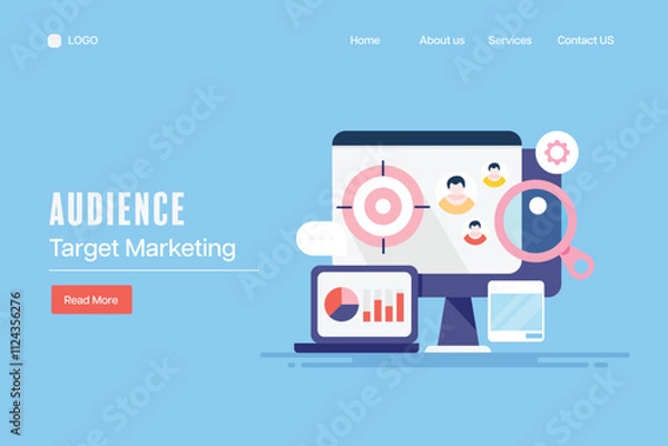 Fototapeta Audience Targeting with digital advertising, sales campaign data on laptop screen, vector illustration.