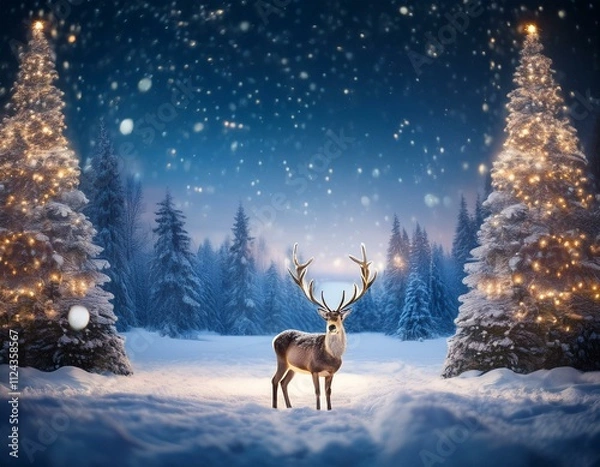 Obraz Magical Reindeer in a Snowy Christmas Forest with Lights and Stars