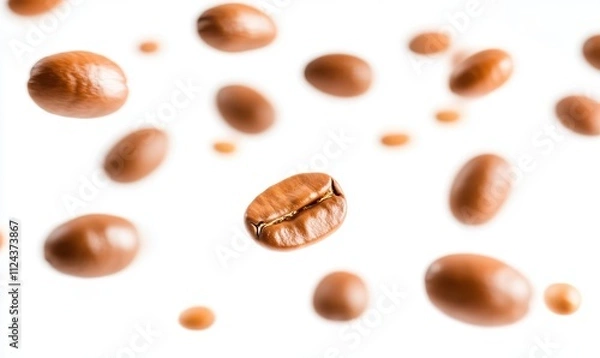 Fototapeta Floating Coffee Beans in Motion with a Vibrant White Background, Capturing the Essence of Freshness and Aroma in Every Single Bean for Coffee Lovers