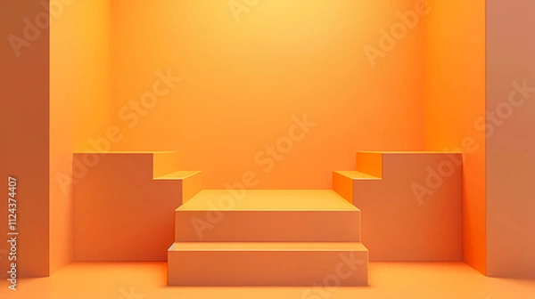 Fototapeta Product Showcase with Orange Steps:  A minimalist product display featuring two sets of steps against a warm orange backdrop.