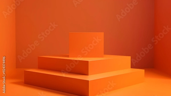 Fototapeta Burnt Orange Product Display: A three-tiered, burnt orange display stand, creating a vibrant and modern backdrop for product showcasing or graphic design.