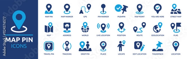 Fototapeta Map pin icon set. Containing location, map marker, address, position, tracking, geolocation, place and more. Solid vector icons collection.