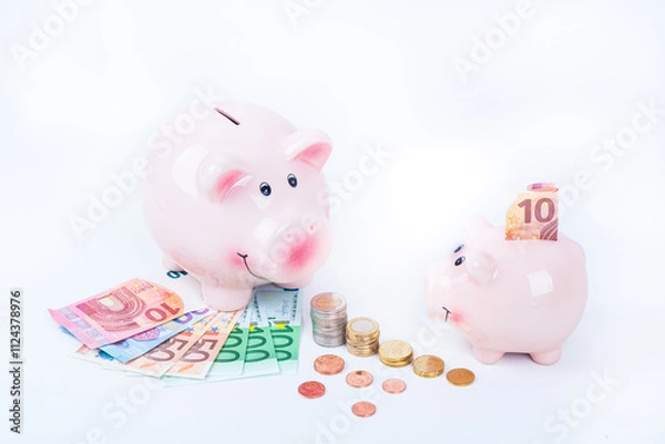 Fototapeta big piggy bank and little piggy bank with coins and banknotes