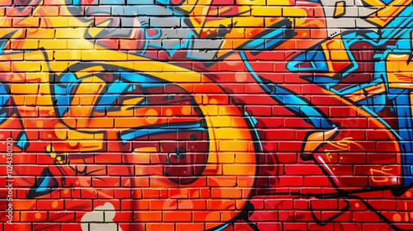 Fototapeta A red brick wall with intricate graffiti art, showcasing bold colors and dynamic designs.