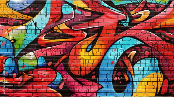 Fototapeta A red brick wall with intricate graffiti art, showcasing bold colors and dynamic designs.