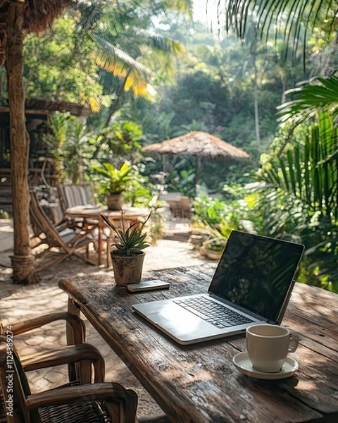 Obraz digital nomad workspace tropical Remote island office Tropical work getaway Paradise coworking spot.Beachside productivity hub.Exotic remote workspace