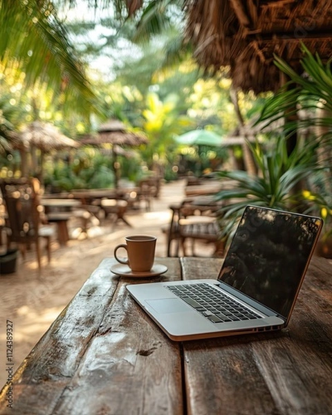Obraz digital nomad workspace tropical Remote island office Tropical work getaway Paradise coworking spot.Beachside productivity hub.Exotic remote workspace