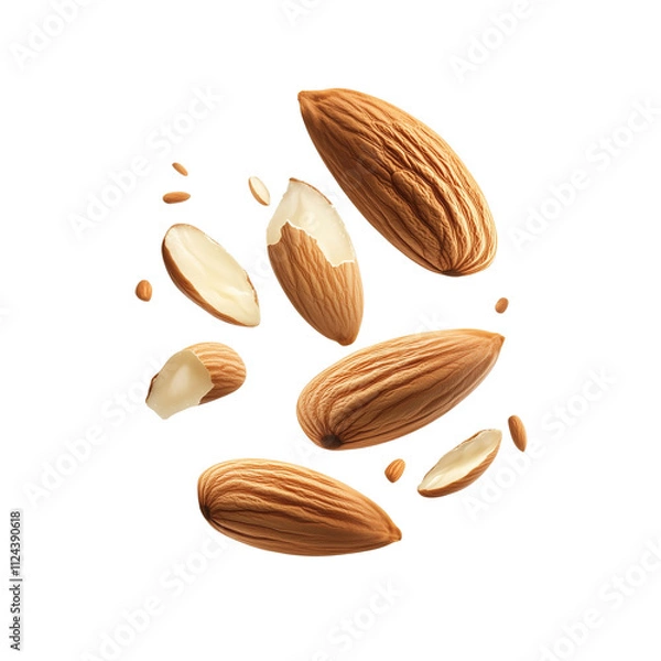 Fototapeta Flying almonds isolated on white and transparent background