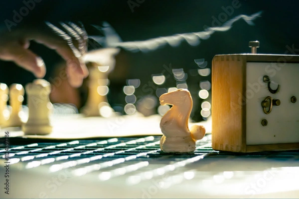 Fototapeta Chess board game, closeup on white horse figure standing next to wooden clock, blurred hands moving figures on chessboard in the background. Selective focus, shallow DOF.
