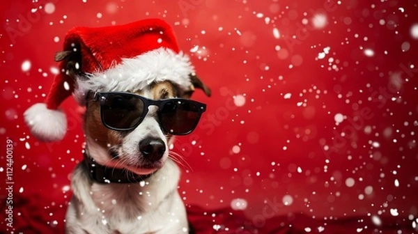 Obraz A stylish dog wearing a classic red Santa hat and trendy black sunglasses, sitting confidently with a festive red background and falling snowflakes, conveying holiday cheer