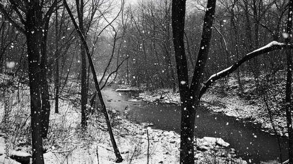 Fototapeta Serene Winter Landscape with Snowfall Over Tranquil Stream