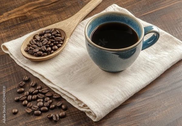 Fototapeta Freshly Brewed Coffee in a Ceramic Cup Resting on a Rustic Wooden Table Surrounded by Roasted Coffee Beans and a Wooden Spoon with Beans
