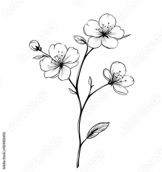 Fototapeta Cherry blossom flower tattoo design, simple vector line art isolated on a white background, minimalistic style, simple lines, outline drawing, bold black outlines
