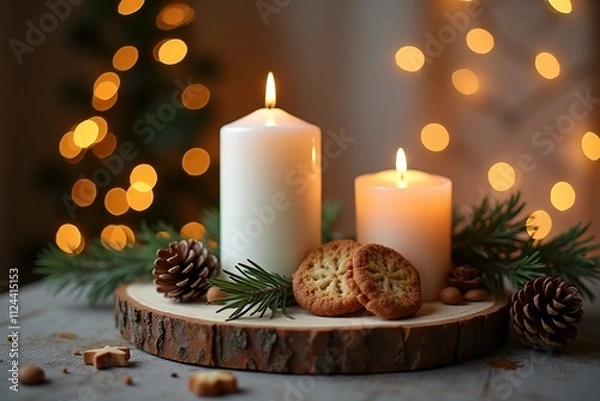 Fototapeta White Christmas candle on rustic wooden boards - Decoration with natural elements, twigs, pine cones and cookies - First Advent Sunday , Advent banner, panorama with magic bokeh lihgts