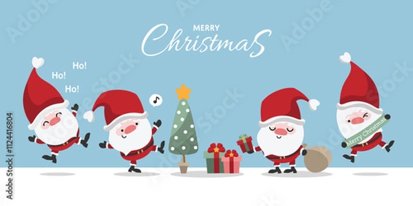 Fototapeta Santa Claus character collection in flat design with a Christmas tree, gift boxes, gift bag, music note in text box and Ho! text on a light blue background. Christmas holidays cartoon character design