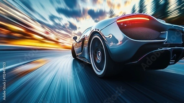 Fototapeta Speed and Power: A sleek, silver sports car streaks across a dynamic, motion-blurred asphalt highway, capturing the adrenaline-fueled thrill of speed and the exhilaration of open road travel.