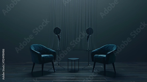 Fototapeta In the Shadows: Two plush blue armchairs face each other across a small table in a dimly lit room, shrouded in mystery and anticipation. The soft, ethereal glow of the lamps illuminates the space.