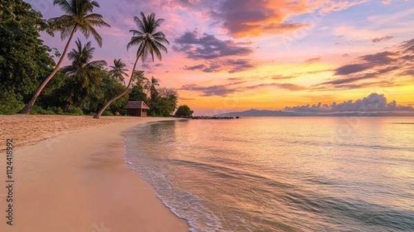Fototapeta Serene Sunset on Tropical Beach: Palm Trees, Golden Sky, and Tranquil Ocean Waves