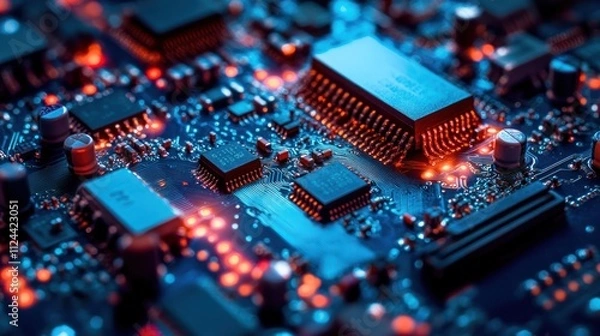 Fototapeta Close-up of a circuit board with glowing components 