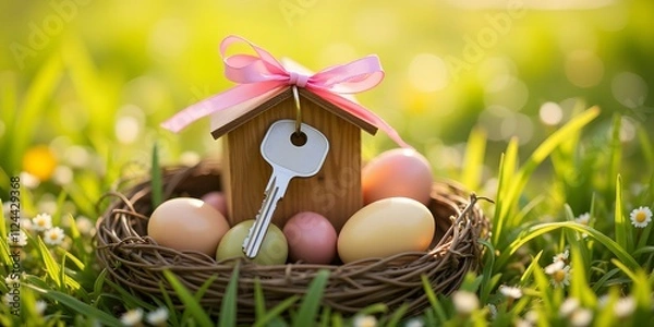 Obraz Easter Home Key in Nest with Colorful Eggs

