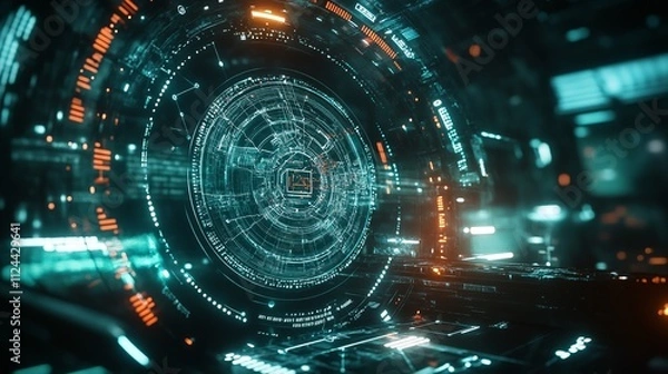 Fototapeta Futuristic blockchain technology hud interface displays a global globe, representing the decentralized nature of blockchain. The interconnected polygon symbolizes peer-to-peer networks