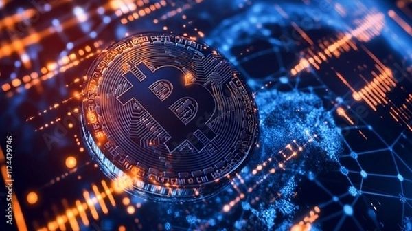 Obraz Futuristic blockchain technology hud interface displays a global globe, representing the decentralized nature of blockchain. The interconnected polygon symbolizes peer-to-peer networks