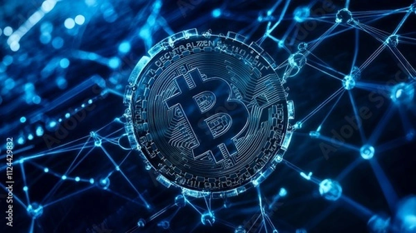 Obraz Futuristic blockchain technology hud interface displays a global globe, representing the decentralized nature of blockchain. The interconnected polygon symbolizes peer-to-peer networks