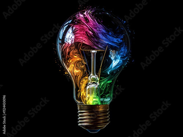 Fototapeta A light bulb breaking open to reveal swirling rainbow colors. Artistic representation