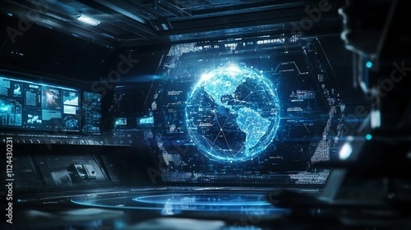 Obraz Futuristic blockchain technology hud interface displays a global globe, representing the decentralized nature of blockchain. The interconnected polygon symbolizes peer-to-peer networks
