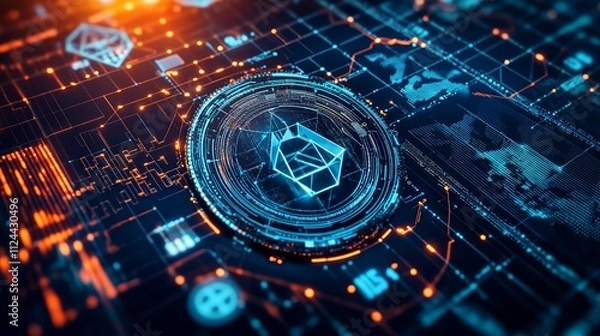 Obraz Futuristic blockchain technology hud interface displays a global globe, representing the decentralized nature of blockchain. The interconnected polygon symbolizes peer-to-peer networks