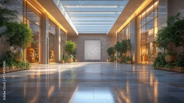 Fototapeta Minimalist Shopping Mall Interior with Blank Display Board and Natural Light