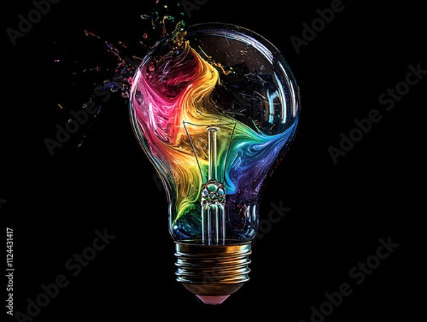 Fototapeta A light bulb breaking open to reveal swirling rainbow colors. Artistic representation
