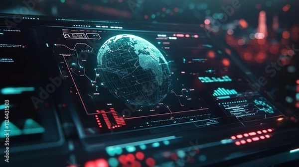 Fototapeta Futuristic blockchain technology hud interface displays a global globe, representing the decentralized nature of blockchain. The interconnected polygon symbolizes peer-to-peer networks