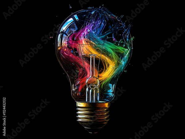 Fototapeta A light bulb breaking open to reveal swirling rainbow colors. Artistic representation