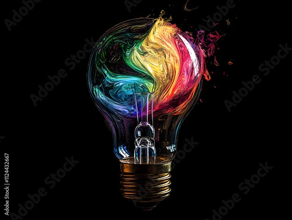 Fototapeta A light bulb breaking open to reveal swirling rainbow colors. Artistic representation