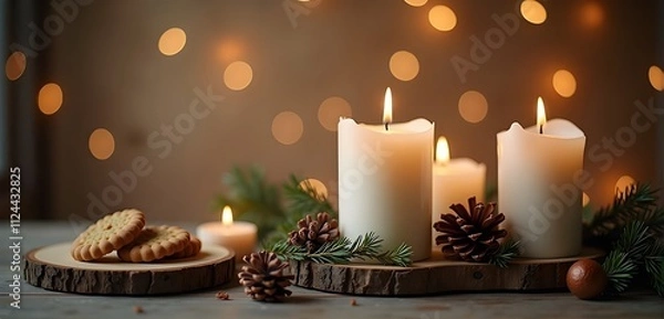 Fototapeta White Christmas candle on rustic wooden boards - Decoration with natural elements, twigs, pine cones and cookies - First Advent Sunday , Advent banner, panorama with magic bokeh lihgts