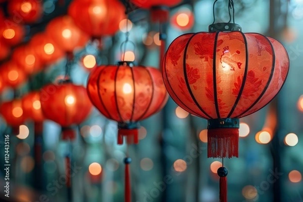 Fototapeta Chinese lanterns illuminate a festive evening in a vibrant celebration setting with warm glow and intricate designs