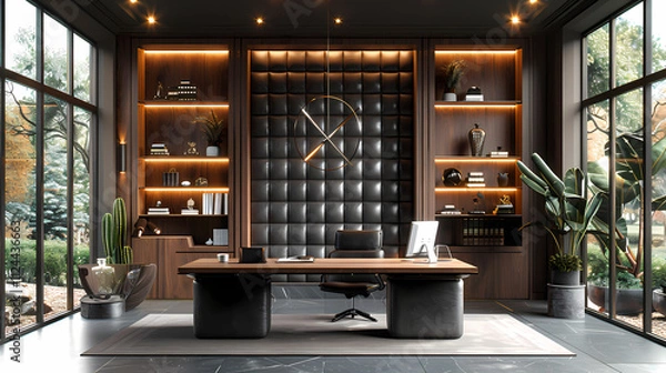 Fototapeta Luxurious Modern Home Office: A stunning modern home office design features a dark wood desk, built-in bookshelves, a tufted leather wall panel, and large windows overlooking a lush garden.