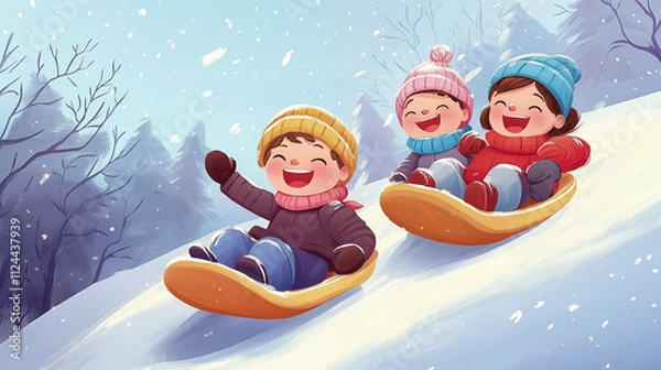 Fototapeta Merry children sledding down a hill and laughing, vector style, book illustration