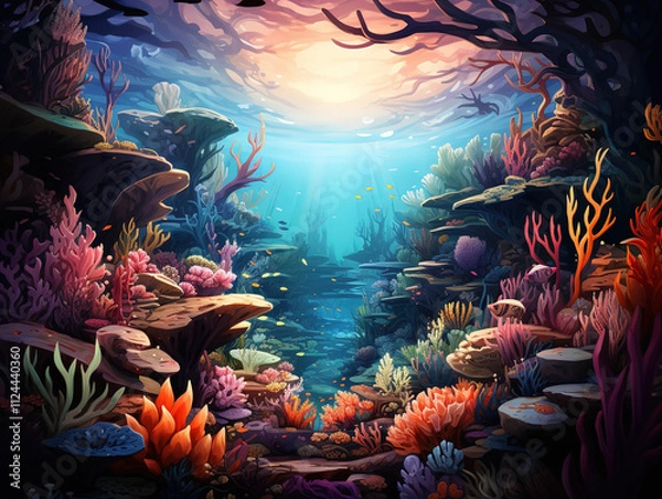 Fototapeta Incredible View of underwater sea life in cartoon style