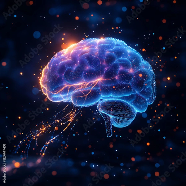 Obraz Luminous Brain with Multicolored Electric Pulses on Black Background