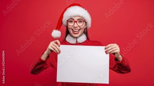 Obraz A woman in a Santa hat and festive red attire holding a blank sign, smiling joyfully in a Christmas-themed setting.