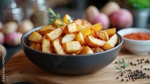 Fototapeta Crispy homemade French fries cooking in a modern kitchen with fresh ingredients on the counter