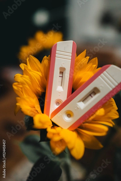Obraz Positive pregnancy test placed on yellow sunflower. Two pregnancy tests for to double confirm being pregnant. Waiting for newborn, child. Family growth. 
