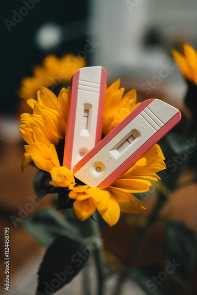 Obraz Positive pregnancy test placed on yellow sunflower. Two pregnancy tests for to double confirm being pregnant. Waiting for newborn, child. Family growth. 