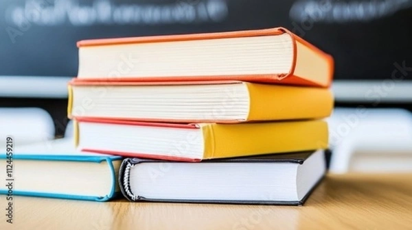 Fototapeta Colorful Stack of Textbooks on Wooden Desk
