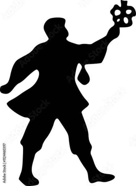 Fototapeta A man in an ancient dress holds an unknown thing in his hands. Black silhouette on a white background. Vector drawing.