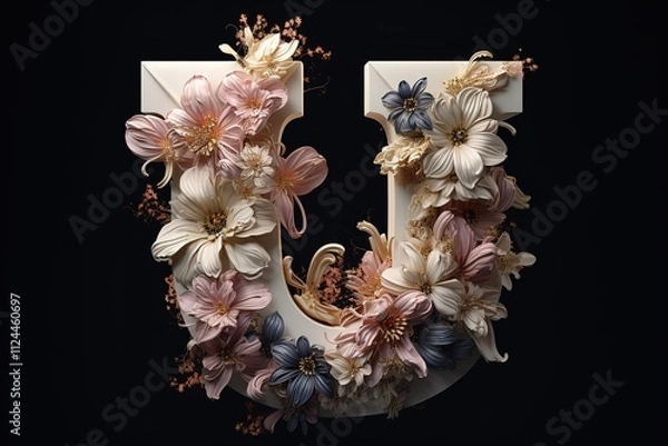 Fototapeta Watercolor floral letters set of U, V, W, X with plants. Hand drawn alphabet symbols of flowers and leaves isolated on white background. Holiday Illustration for design, print, fabric or background.
