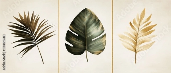 Fototapeta Set of Three Artistic Tropical Leaves on Beige Background - Elegant Botanical Illustrations for Home Decor and Design Projects
